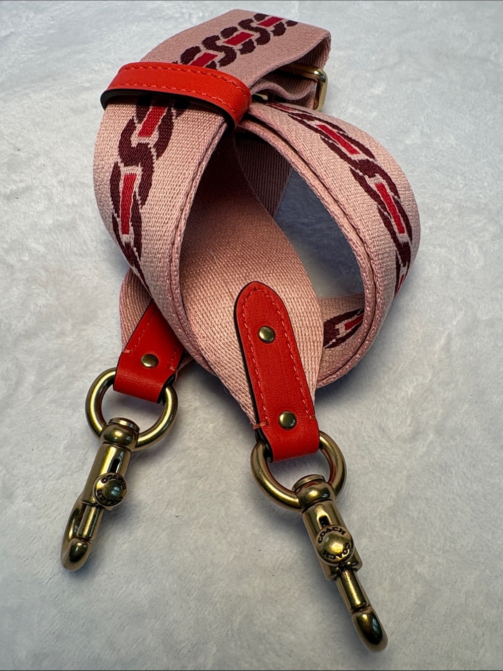 Coach Pale Pink Webbing Strap Red/Plum Chain-Pattern Flame Orange Leather Trim